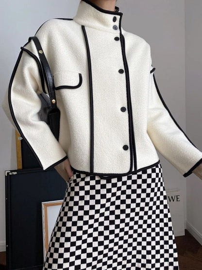 Long Sleeves Loose Buttoned Contrast Color Stand Collar Jackets Outerwear
