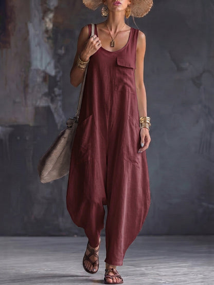 Loose Sleeveless Pockets Solid Color Square-Neck Jumpsuits
