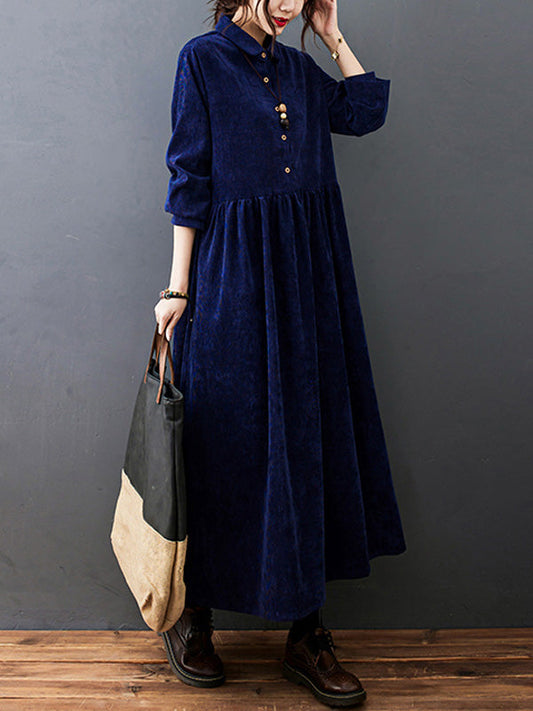 Vintage Split-Joint Solid Color Long Sleeves Lapel A-Line Corduroy Midi Dress