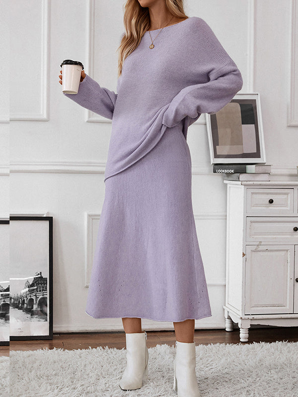 Loose Solid Color Long Sleeves Round-Neck Sweater Top + Skirt Two Pieces Set