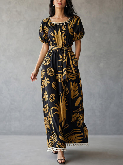Loose Puff Sleeves Contrast Color Pleated Pockets Printed Split-Joint Tasseled Tied Square-Neck Maxi Dresses