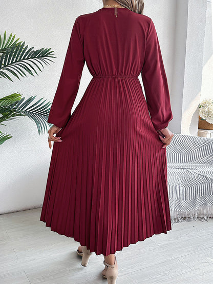 A-Line High Waisted Elasticity Pleated Solid Color V-Neck Maxi Dresses