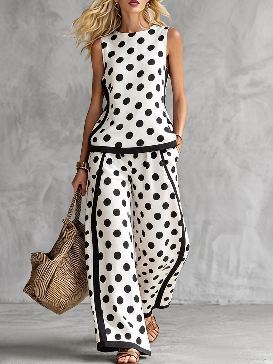 Loose Wide Leg Contrast Color Pockets Polka Dot Striped Pants Trousers