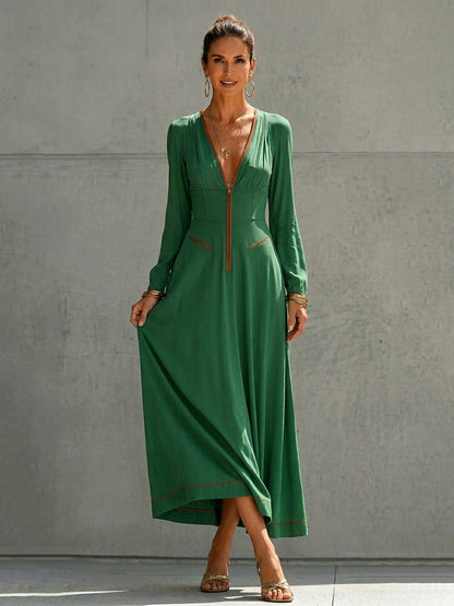A-Line High Waisted Pockets Solid Color Zipper Deep V-Neck Maxi Dresses