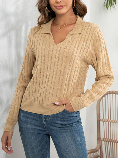 Long Sleeves Loose Solid Color Split-Joint Lapel Sweater Tops