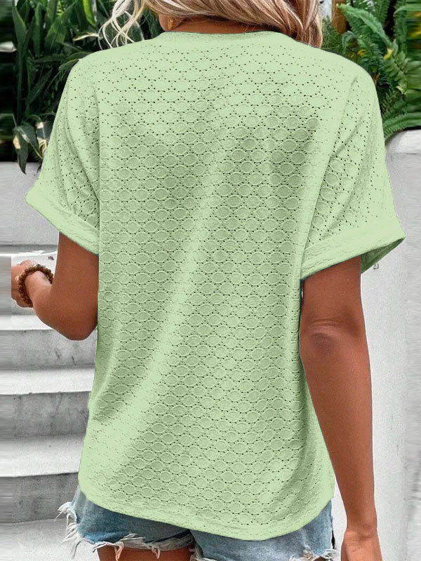 Loose Plus Size Buttoned Jacquard Split-Joint V-Neck T-Shirts Tops