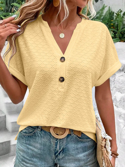 Loose Plus Size Buttoned Jacquard Split-Joint V-Neck T-Shirts Tops