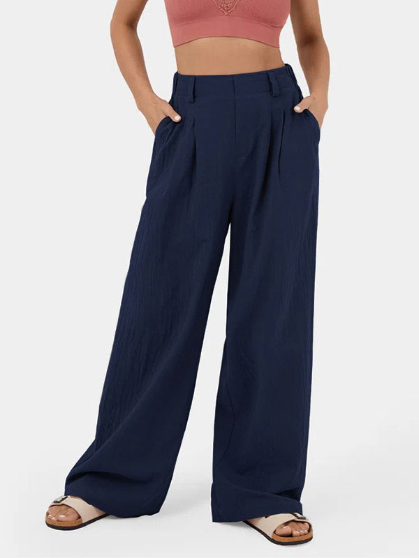 Loose Wide Leg Pleated Solid Color Split-Joint Pants Trousers