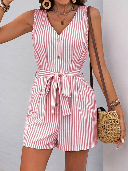 Elasticated Waist High Waisted Buttoned Pockets Striped Tied Waist V-Neck Rompers