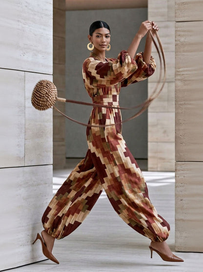 Zipper Pockets Pleated Elasticity Contrast Color Color-Block Wide Leg Loose V-neck Jumpsuits