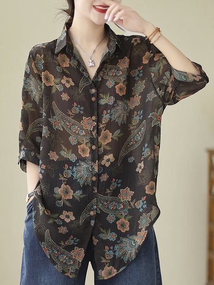 Long Sleeves Loose Buttoned Flower Print Tied Lapel Blouses&Shirts Tops