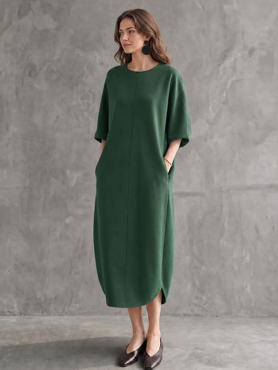 Solid Color Pockets Three-quarter Sleeves Loose Round-neck Midi Dresses