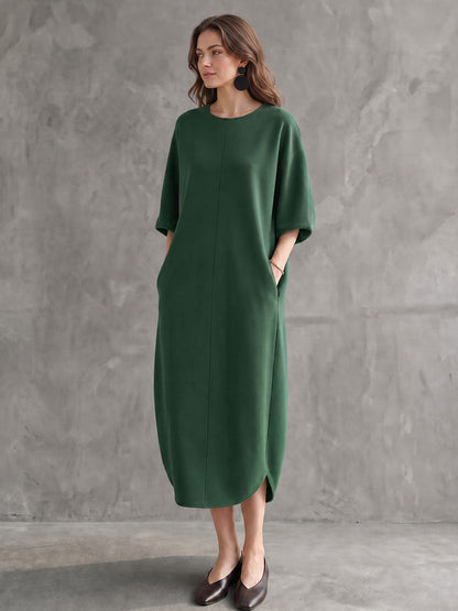 Solid Color Pockets Three-quarter Sleeves Loose Round-neck Midi Dresses