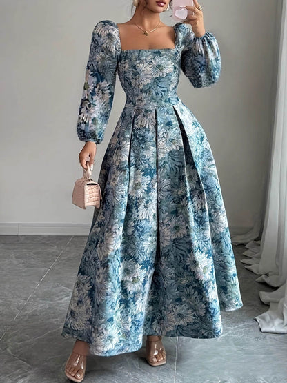 A-Line High Waisted Contrast Color Flower Print Pleated Split-Joint Square-Neck Maxi Dresses