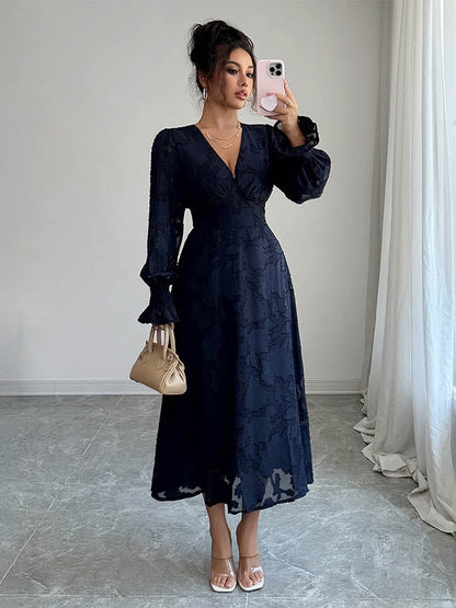 A-Line Elasticated Waist Jacquard Leaves Print Ruffled Solid Color Split-Joint Deep V-Neck Midi Dresses