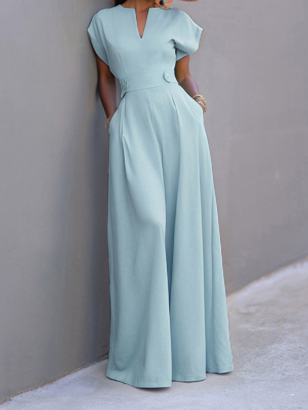 Cap Sleeve Wide Leg Solid Color Jumpsuits