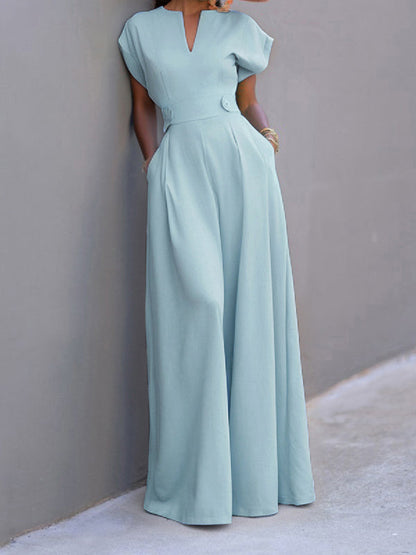 Cap Sleeve Wide Leg Solid Color Jumpsuits