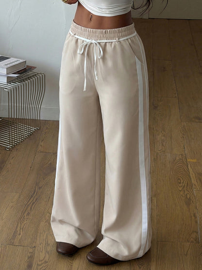 Solid Color Pockets Elasticity Wide Leg Trousers Pants
