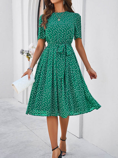 A-Line Elasticated Waist Contrast Color Polka Dot Split-Joint Tied Waist Round-Neck Midi Dresses