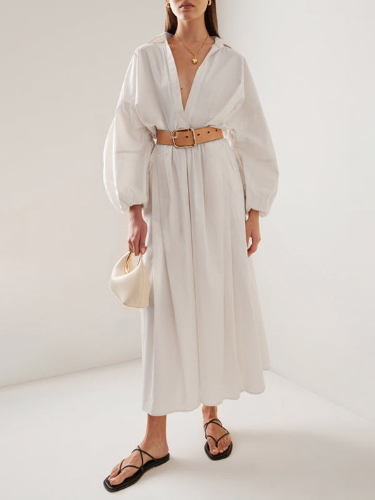 Long Sleeves Loose No Belt Solid Color V-Neck Maxi Dresses