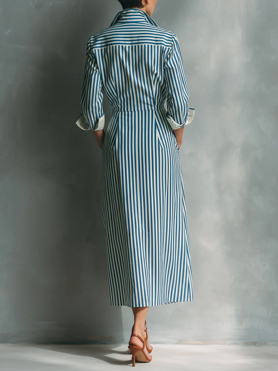 Striped Split-Joint Pockets Contrast Color Buttoned Long Sleeves High Waisted Lapel Midi Dresses