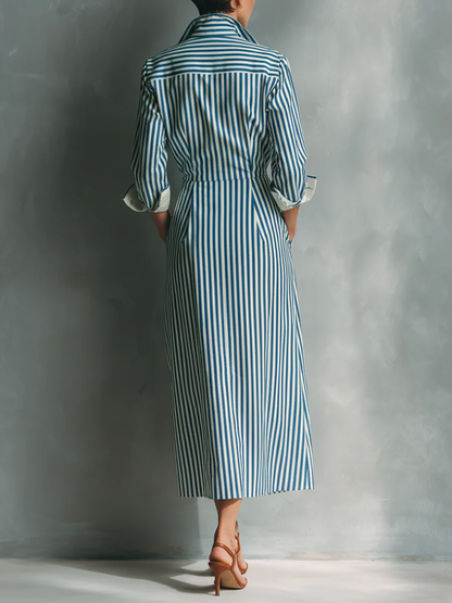 Striped Split-Joint Pockets Contrast Color Buttoned Long Sleeves High Waisted Lapel Midi Dresses