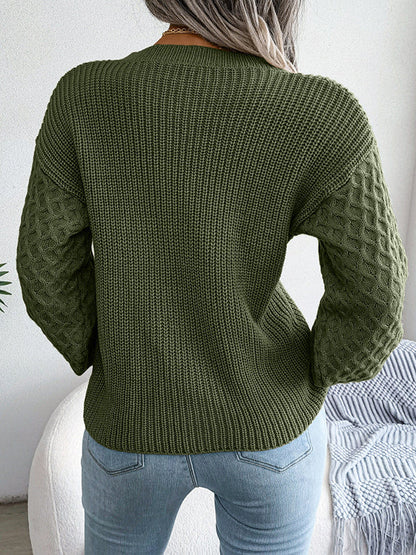 Long Sleeves Loose Cable Knit Solid Color Round-Neck Sweater Tops
