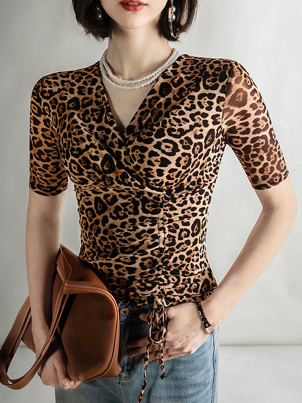 Half Sleeves Skinny Leopard Pleated V-Neck T-Shirts Tops