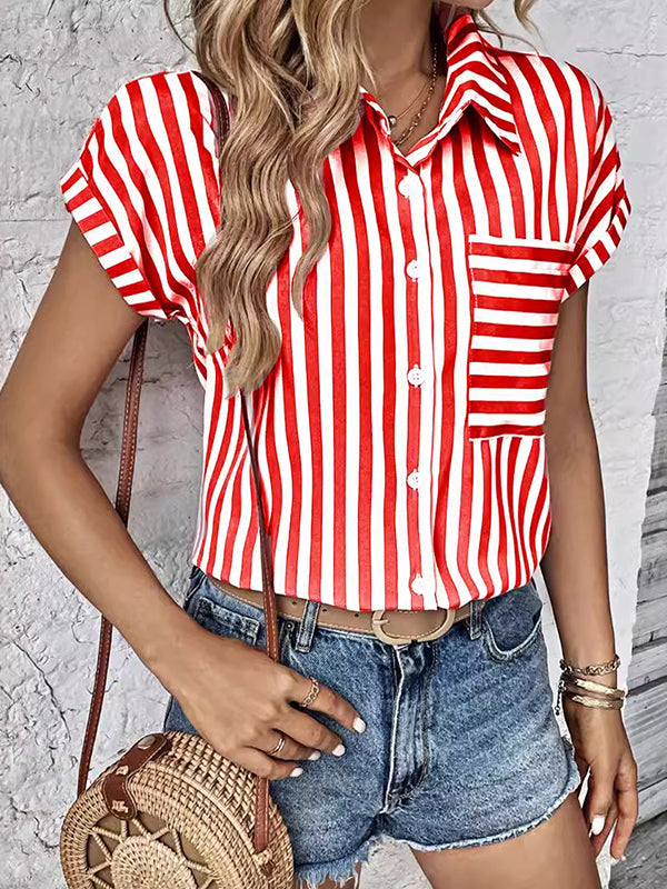 Loose Short Sleeves Contrast Color Split-Joint Striped Patterns Lapel Blouses&Shirts Tops