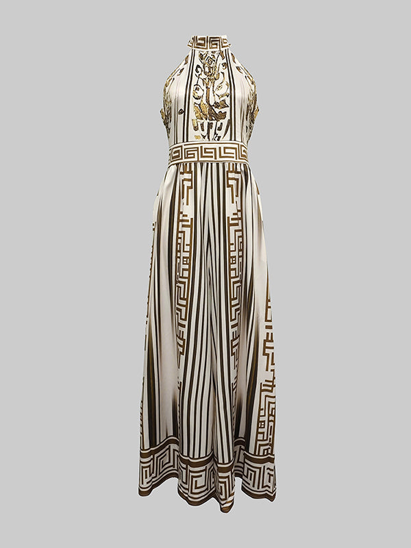 Sleeveless Wide Leg Printed Halter-Neck Jumpsuits