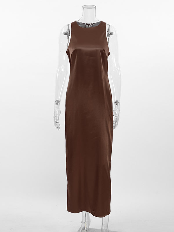 Loose Sleeveless Solid Color Split-Back Split-Joint Round-Neck Maxi Dresses