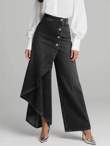 High Waisted Irregularity Buttoned Layered Pockets Solid Color Split-Joint Jean Pants Bottoms
