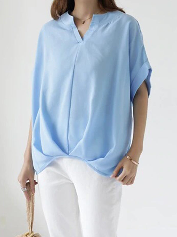 Batwing Sleeves Loose Pleated Solid Color Split-Joint Round-Neck Blouses&Shirts Tops