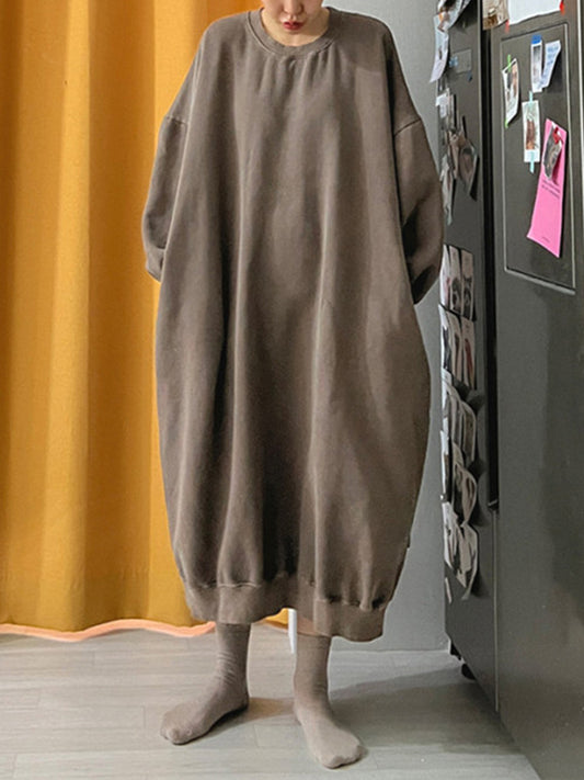 Long Sleeves Loose Letter Print Velvet Round-Neck Sweatershirt Midi Dresses