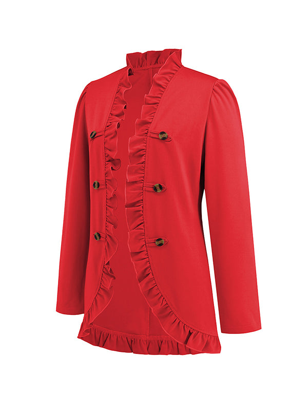 Long Sleeves Loose Buttoned Ruffled Collarless Outerwear
