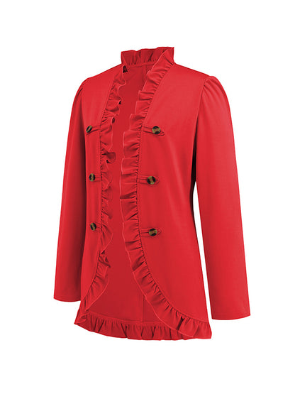 Long Sleeves Loose Buttoned Ruffled Collarless Outerwear