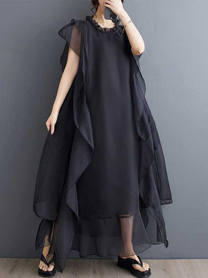 A-Line Ruffle Sleeves Pleated Solid Color Split-Joint Round-Neck Midi Dresses