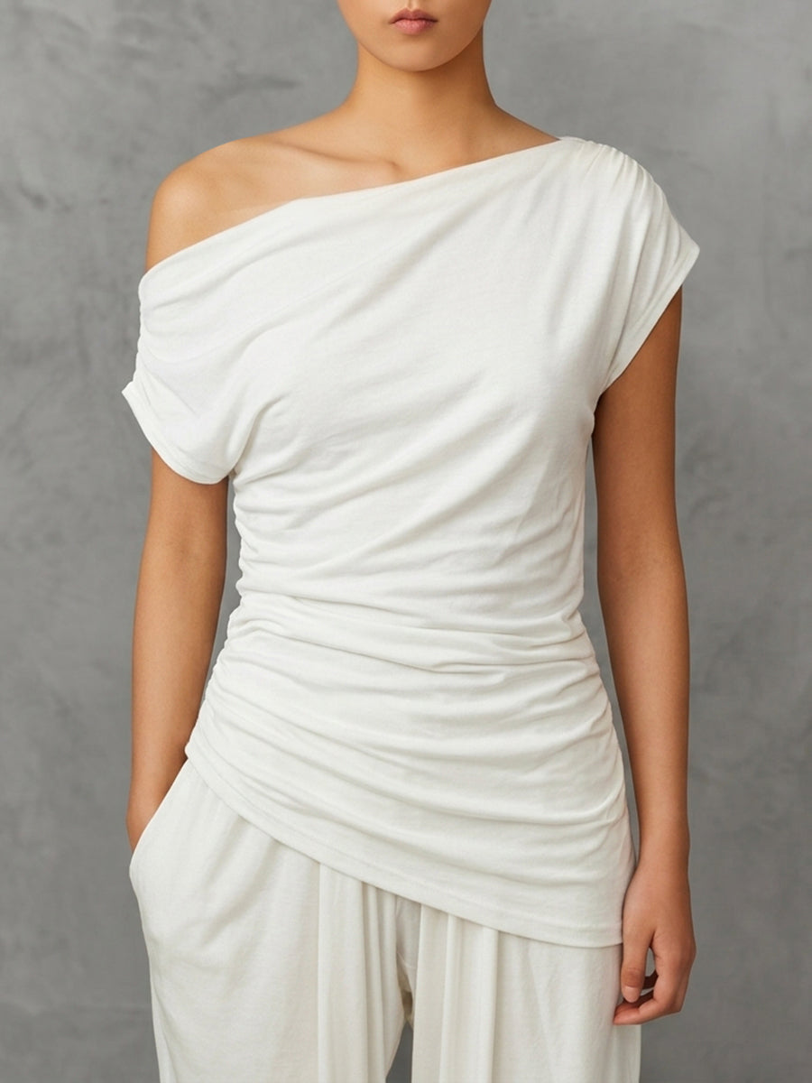 Loose Sleeveless Asymmetric Pleated Solid Color One-Shoulder Blouses&Shirts Tops