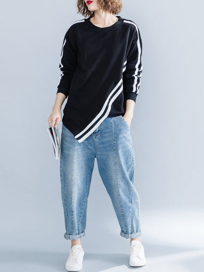 Cropped Long Sleeves Striped Round-Neck Hoodies&Sweatshirt