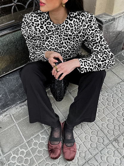 Loose Puff Sleeves Leopard Split-Joint Peter Pan Collar Blouses&Shirts Tops