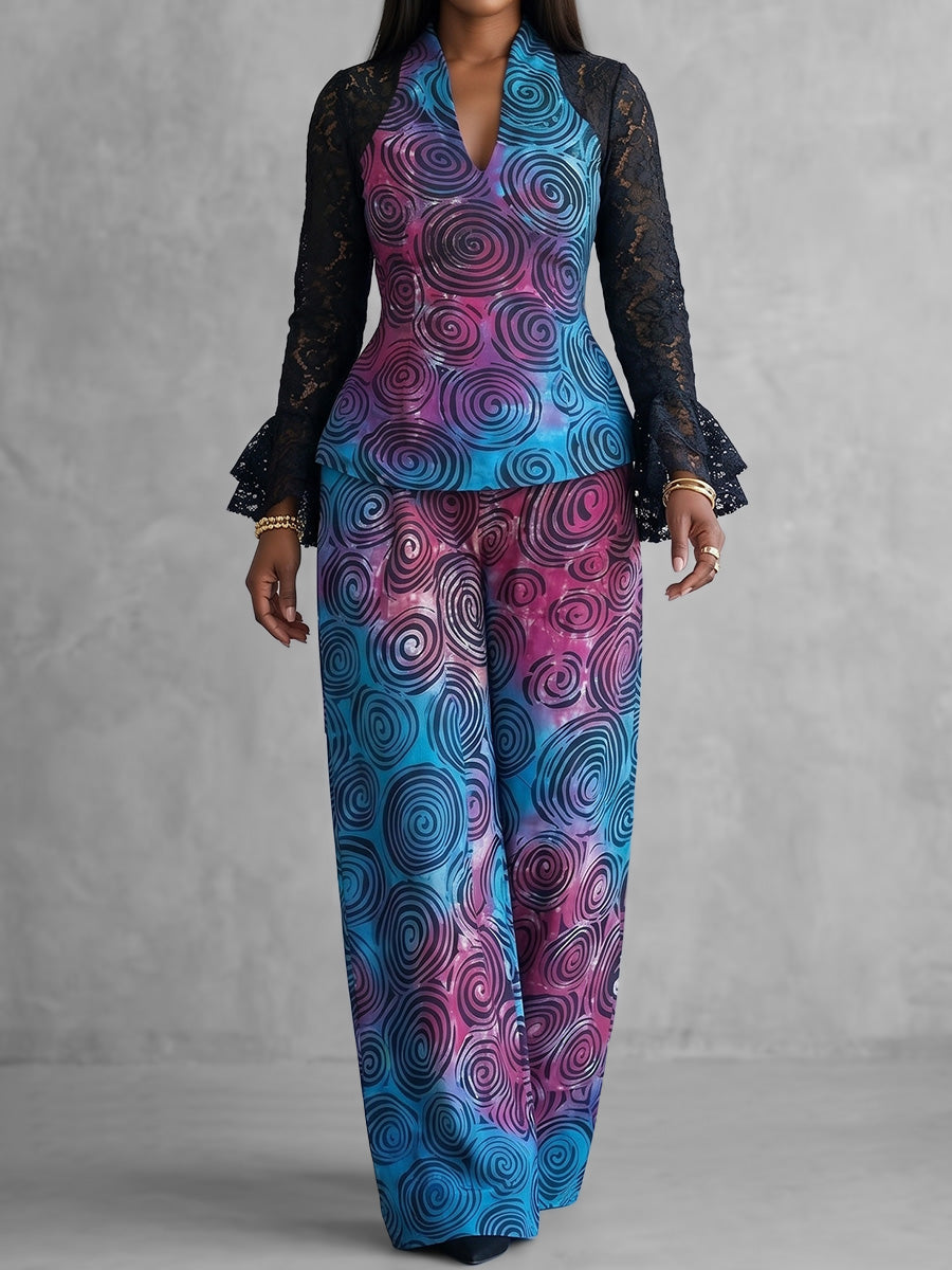 High Waisted Loose Contrast Color Pockets Printed Pants Trousers