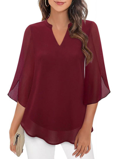 Half Sleeves Loose Solid Color V-Neck Blouses&Shirts Tops