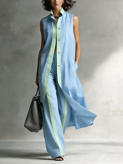Loose Contrast Color Stand Collar Buttoned Blouses&shirts Tops + High Waisted Elasticity Pockets Pants Trousers Two Pieces Set