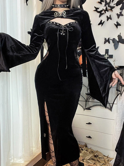 Flared Hooded Outer + Hollow Split-Side Midi Dress Two Pieces Set