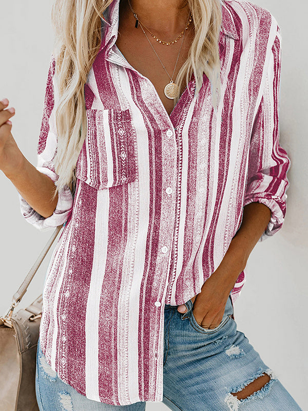 High-Low Long Sleeves Buttoned Pockets Striped Lapel Blouses&Shirts Tops