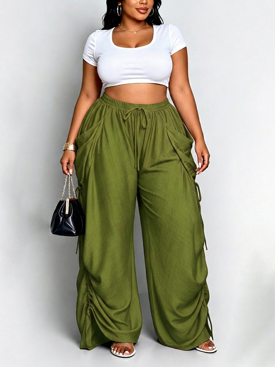 High Waisted Loose Drawstring Elasticity Pockets Split-Joint Pants Trousers