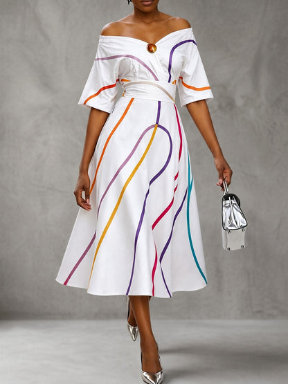 Half Sleeves High Waisted Elasticity Printed Off-The-Shoulder Midi Dresses