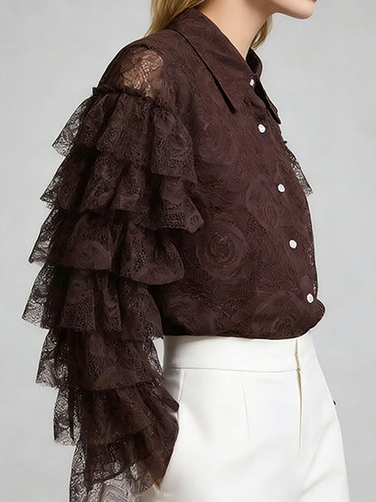 Long Sleeves Ruffle Sleeves Buttoned Solid Color Split-Joint Lapel Blouses&Shirts Tops