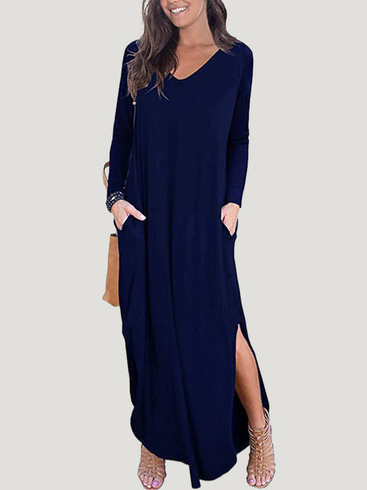 Long Sleeves Loose Solid Color Split-Side V-Neck Maxi Dresses