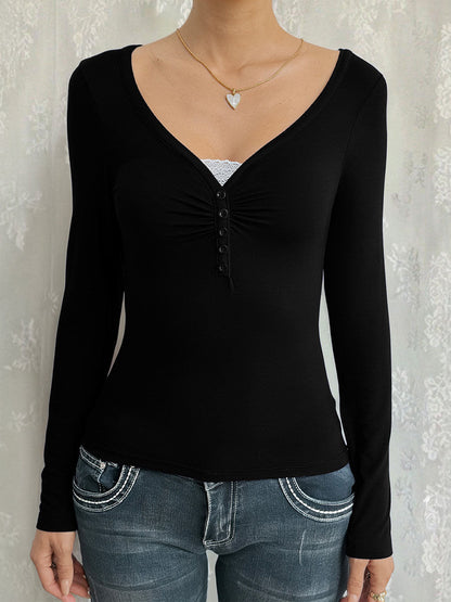 False Two Long Sleeves Buttoned Pleated Solid Color Split-Joint V-Neck T-Shirts Tops